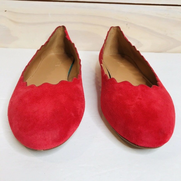 J Crew Poppy Red Suede Scallop Ballet Flats 7 - Picture 2 of 11